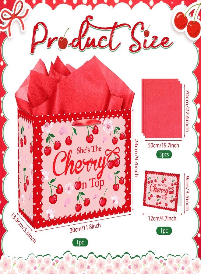 Woosytoo Cherry Birthday Party Gift Bag, Coquette Cherry Wrapping Bag with Tissue Paper and Card She's The Cherry On Top Wrapping Paper for Girls Kids Teens Baby Shower Women Birthday Party Favors - Image 3